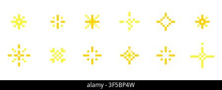 Pixel star retro 8 bit set. Pixel sparkle icons. Shiny game pixel art effect set. Firework burst, space decoration. 90s aesthetics, y2k. . Vector illustration Stock Vector