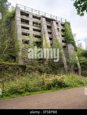 The towering, ivy-clad concrete buttresses of the historic Old East Buxton Lime Kilns stand abandoned along the popular Monsal Trail, Peak District Stock Photo