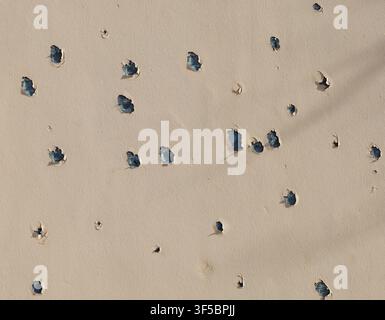 External thermal insulation wall and plaster heavily damaged by a hailstorm. Close up. Background and texture. Stock Photo