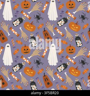 Hand-drawn Halloween seamless background with trick-or-treat candy, ghost, spider and Jack-o-lantern pumpkin for packaging, fabric Stock Vector