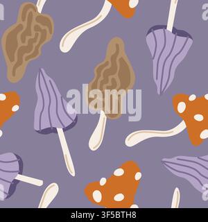 Hand-drawn Halloween seamless background with magic poisonous mushrooms, toadstool, fly agaric and morel for packaging, fabric Stock Vector