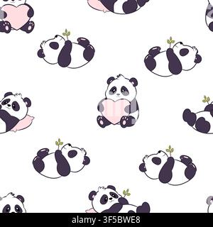 Vector seamless pattern featuring cute pandas and plants Stock Vector