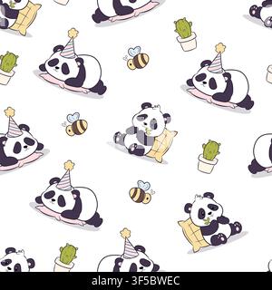 Vector seamless pattern featuring pandas and plants Stock Vector