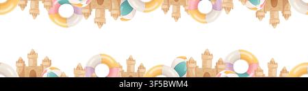 A seamless vector border featuring sandcastles and beach balls Stock Vector