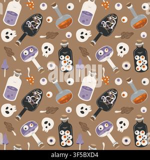 Hand-drawn magic Halloween seamless background with potion, eyeballs, skull and poisonous mushroom for packaging, fabric Stock Vector