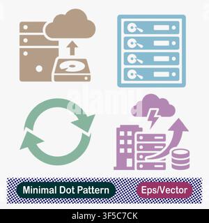 Minimal Dot Pattern Cloud Backup Hard Drive Server, RAID Array Server Rack, Refresh Cycle Sync Arrows, and Enterprise Cloud Data Center Growth Vector Stock Vector