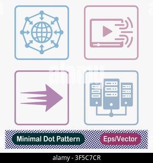 Minimal Dot Pattern Global Content Distribution Network, High Speed Video Streaming Player, Fast Forward Motion Arrow, and Server Rack Data Center Stock Vector
