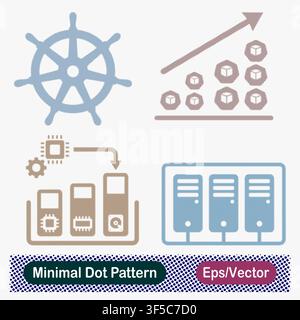 Minimal Dot Pattern Helm Kubernetes Steering Wheel, Hexagonal Block Growth Chart, Hardware Infrastructure Scaling, and Server Rack Cluster Vector Icon Stock Vector