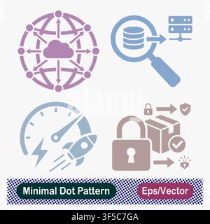 Minimal Dot Pattern Global Cloud Network Mesh, Database Search Server Query, Speedometer Rocket Performance Boost, and Secure Package Delivery Stock Vector