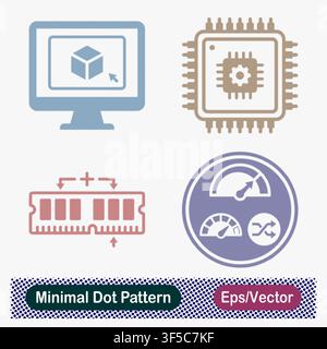Minimal Dot Pattern 3D Modeling Computer Monitor, Processor CPU Microchip Gear, RAM Memory Upgrade Expansion, and Performance Speedometer Gauges Stock Vector