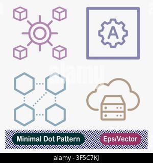 Minimal Dot Pattern Central Hub 3D Cube Blocks, Automated Algorithm Gear Letter A, Interconnected Hexagon Blockchain Nodes, and Cloud Server Storage Stock Vector