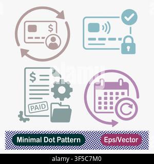 Minimal Dot Pattern Credit Card Recurring Payment, Secure Contactless Card Padlock, Paid Invoice Gear Folder, and Calendar Subscription Renewal Vector Stock Vector