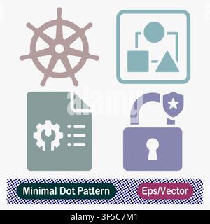 Minimal Dot Pattern Helm Kubernetes Wheel, UI Layout Geometric Shapes, System Configuration Document Gear Wrench, and Unlocked Padlock Security Shield Stock Vector