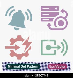 Minimal Dot Pattern Ringing Notification Bell Alert, Server Backup Tape Recovery Loop, Gear System Power Action Arrow, and Square Port Signal Output Stock Vector