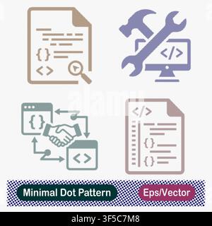 Minimal Dot Pattern Code Audit Magnifying Glass Document, Web Development Hammer Wrench Tools, API Integration Business Handshake, and Script Source Stock Vector