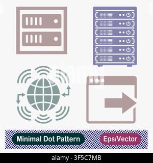 Minimal Dot Pattern Dual Server Unit, Mainframe Server Rack Cabinet, Global Wireless Internet Signal Globe, and Web Browser Export Arrow Vector Icons Stock Vector