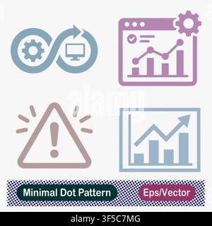 Minimal Dot Pattern DevOps Infinity Loop, Web Dashboard Analytics Gear, Flashing Warning Triangle Alert, and Growth Chart Graph Vector Icons Set Stock Vector