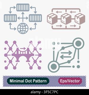 Minimal Dot Pattern Global Shipping Containers Network, Package Logistics Supply Chain, Network Bridge Connection, and Node Data Transfer Vector Icons Stock Vector