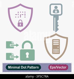 Minimal Dot Pattern Data Matrix Encrypted Shield, User Account Access Key, Encrypted File Transfer Padlock, and Server Security Protection Shield Stock Vector
