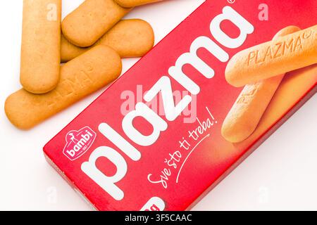 Antalya, Turkey - July 30, 2026: Bambi Plazma biscuits and branded package displayed on white background Stock Photo