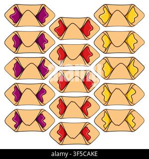 Set of color illustrations of envelope cookies with jam. Isolated vector objects on white background. Stock Vector