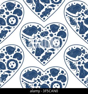 Marine seamless pattern with objects in the shape of a heart. Isolated vector objects. Stock Vector