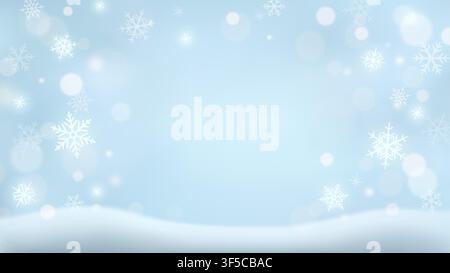 Snowy winter blue abstract background with white snowflakes snow piles and bokeh lights Stock Vector