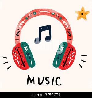 Cute hand -drawn  paper cut style illustration of patterned headphones with a musical note. Perfect for audio, podcast, and cute sticker designs. Stock Vector