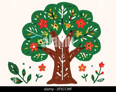 Charming tree Paper Cut Folk Art Style illustration featuring colorful flowers, lush leaves, and playful botanical details in a modern flat vector sty Stock Vector