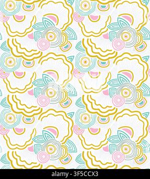 Seamless vector pattern with abstract hand-drawn boho flowers, leaves, and wavy lines in pastel colors on a white background. Perfect for fabric and w Stock Vector