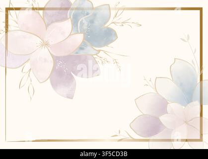 Elegant vector background featuring soft watercolor flowers in pink, purple, and blue with gold foil outlines and a golden frame. Perfect for wedding Stock Vector