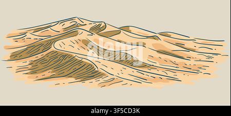 Vector sketch of beautiful desert sand dunes landscape. Ideal for nature, travel, safari, adventure background, and outdoor environmental designs. Stock Vector