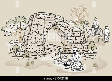 Vector sketch of traditional Arab heritage, coffee preparation, and camels by a natural stone arch in Saudi Arabia. Ideal for history and travel desig Stock Vector