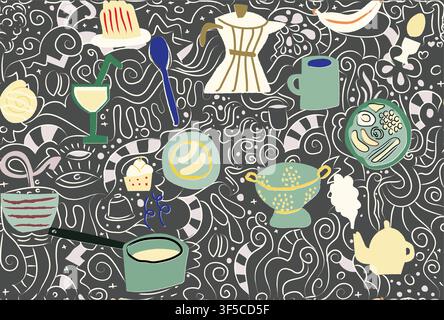 Playful hand-drawn kitchen doodle pattern featuring coffee, teapot, cupcakes, cookware, pastries, and tableware on an abstract background. Perfect for Stock Vector
