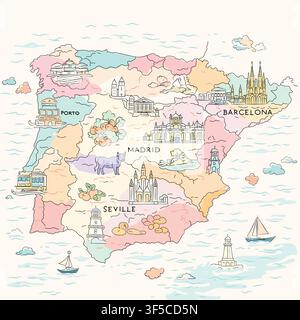 Whimsical hand-drawn map of Spain featuring iconic landmarks, cities, architecture, food, transport, and coastal scenery in soft pastel colors. Perfec Stock Vector