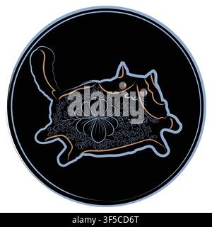 Elegant minimalist cat silhouette decorated with intricate floral line art on a black background. A modern boho-inspired vector illustration perfect f Stock Vector