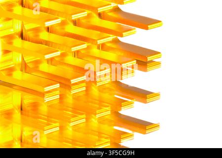 Golden rods form a geometric, repeating pattern. Sharp edges create a sense of modern precision. Bright yellow color dominates the visual space. Backg Stock Photo