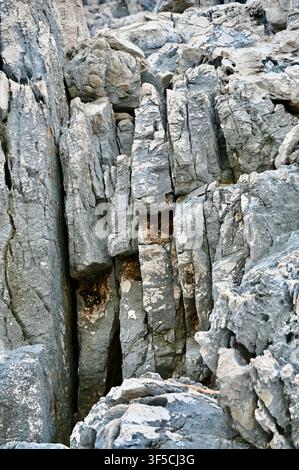 A close-up photograph showcasing textured, weathered gray and brown rock formations with deep vertical fissures and cracks on a coastal cliffside. Stock Photo
