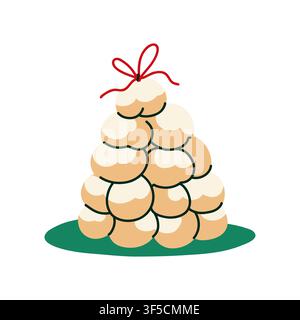Traditional Croquembouche Christmas Dessert, Hand Drawn Festive Pastry Illustration for Holiday Baking, Seasonal Menus and Cozy Winter Celebrations. V Stock Vector