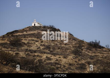 Rethymno, Greece. 01st Aug, 2026. A church can be seen on a scorched hill in the St. Paul area, south of Rethymno. Credit: Socrates Baltagiannis/dpa/Ģ����ý Live News Stock Photo