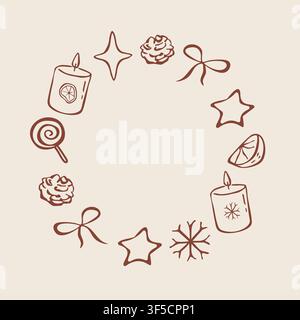 Hand drawn cozy Christmas round wreath frame with candles vector doodle illustration Stock Vector