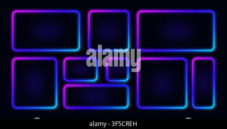 Neon light. Game box frame, square rectangle glow line effect or digital purple led border. 3d retro tech sign. Abstract luminous on dark background, vector shapes isolated decorative elements set Stock Vector