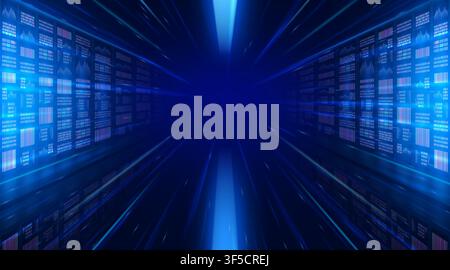 Server room. Green data center with supercomputer, big tech cloud or ai warehouse system. Computer database storage tunnel. Blue digital panels and motion lines. Computing technology. Vector set Stock Vector