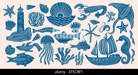 Beach icons. Summer hand drawn doodle, Italy organic starfish or doodle water fish as vintage ink food graphic. Decorative collection for seafood or kids nursery and clothes decoration. Vector print Stock Vector