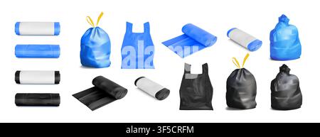 Garbage bag. 3d plastic trash dustbin, biodegradable sack icon or roll package. Clear recycling carrier. Household cleaning and packaging supplies for bins. Vector realistic isolated elements set Stock Vector
