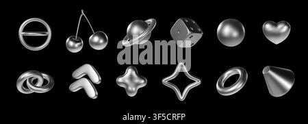 3d chrome icons. Y2k metal star, abstract silver shapes or liquid gradient graphic for design. Holographic sparkle futuristic effect. Cherry, heart and love rings. Game dice. Vector isolated elements Stock Vector