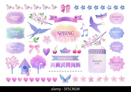 Watercolor frames. Spring cute ribbon for title, pink headline label, birds, cherry and heart icons, flower border for Japan butterfly season design. Pastel floral labels for invitations vector banner Stock Vector