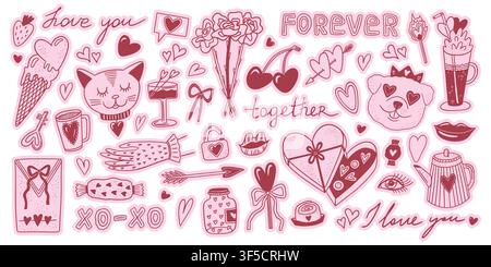 Love stickers. Cute doodle heart day, cat and dog graphic symbol or whimsical hand drawn sweet elements. Flowers, gifts, sweets and romantic phrases lettering. Vector flat style isolated icons set Stock Vector