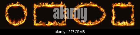 Fire frame. Circle flame border, realistic round blaze hoop with 3d rectangular edge. Fantasy graphic rectangle or oval. Dramatic design elements for visual composition. Vector realistic isolated set Stock Vector