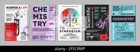 Chemistry poster. Dna lab microscope, biology research background, art formula book for doctor. Creative color modern flyer template with lab glassware molecules, scientific graphic. Vector background Stock Vector